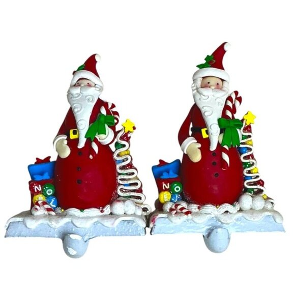 Vintage Cast Iron Stocking Holders Santa Clause Ribbon Candy Holiday Red 2 PC - Picture 15 of 15